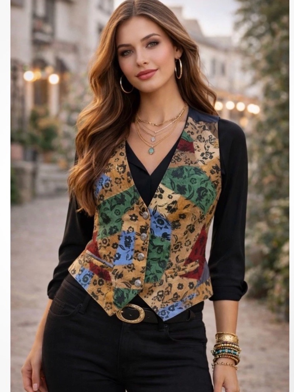 Vintage Leather Patchwork Floral Vest for Women - Multicolor
